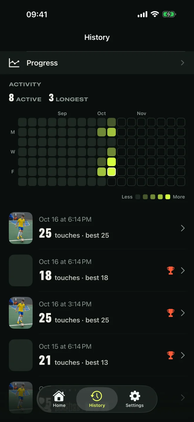 Saved juggling sessions in practice history