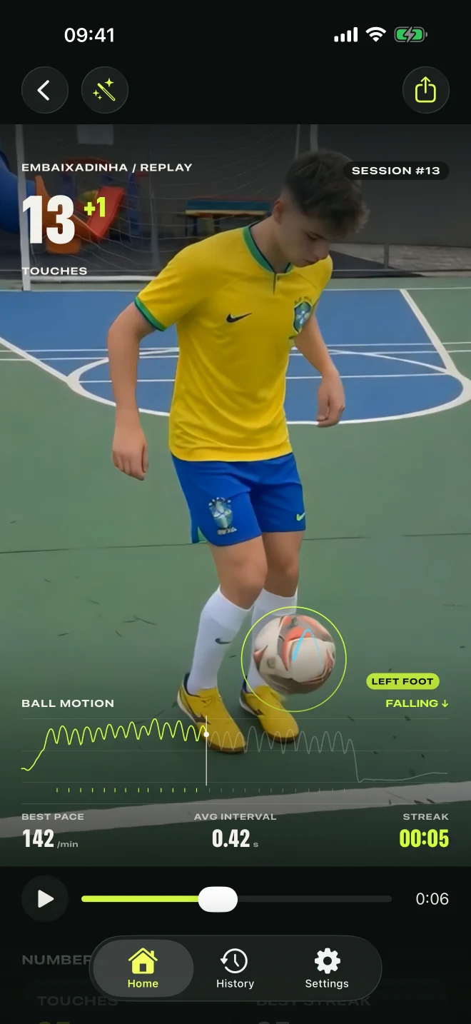 Embaixadinha session replay with touch-counting overlays
