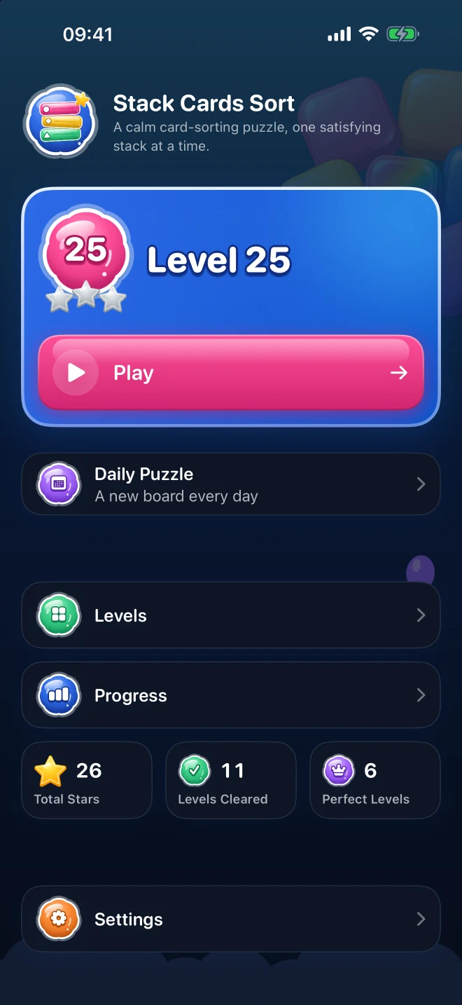 Stack Cards Sort home screen with game modes and practice entry points