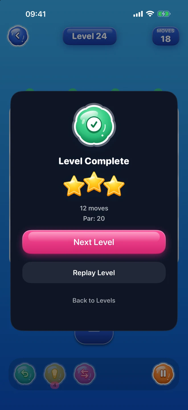 Completed color-sorting puzzle and level results
