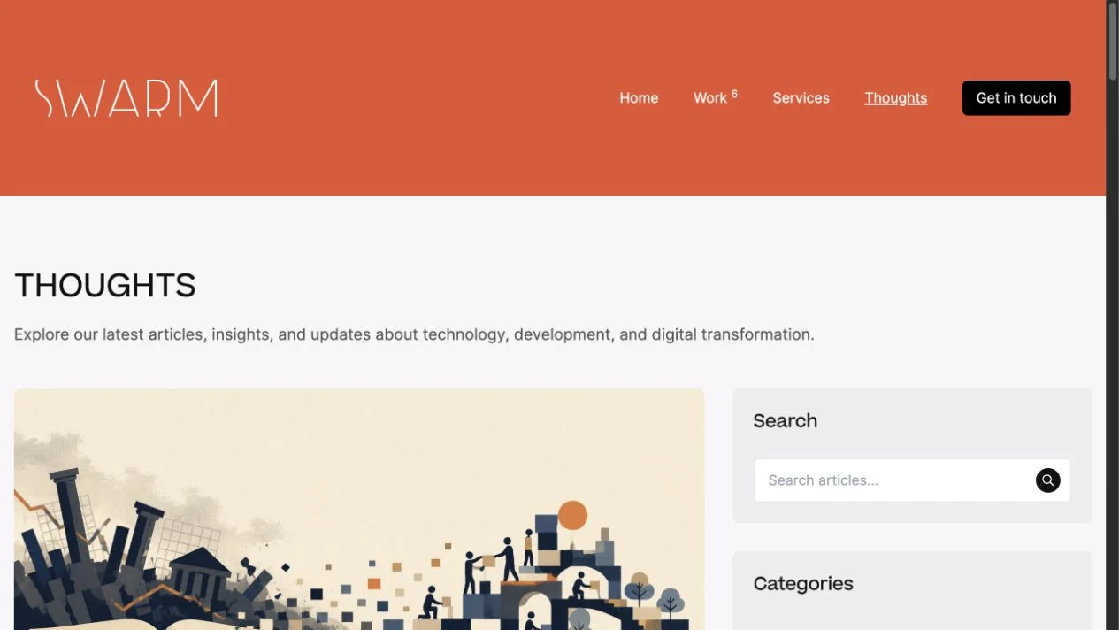 SWARM Thoughts editorial page with articles, search, and category navigation