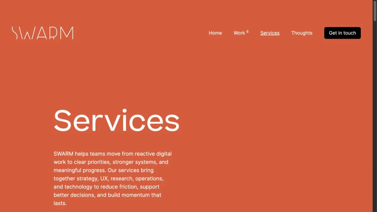 SWARM services page with its orange header and custom typography
