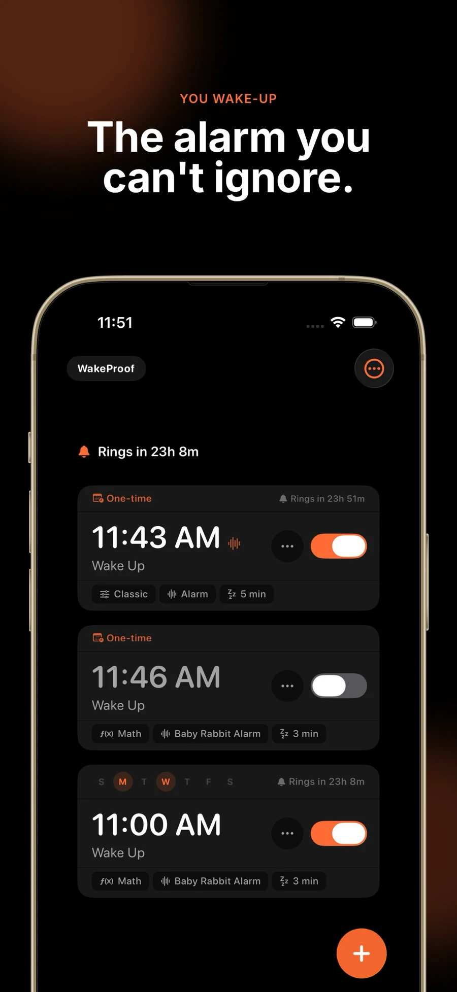 WakeProof alarm overview with scheduled alarms, challenges, and sound labels
