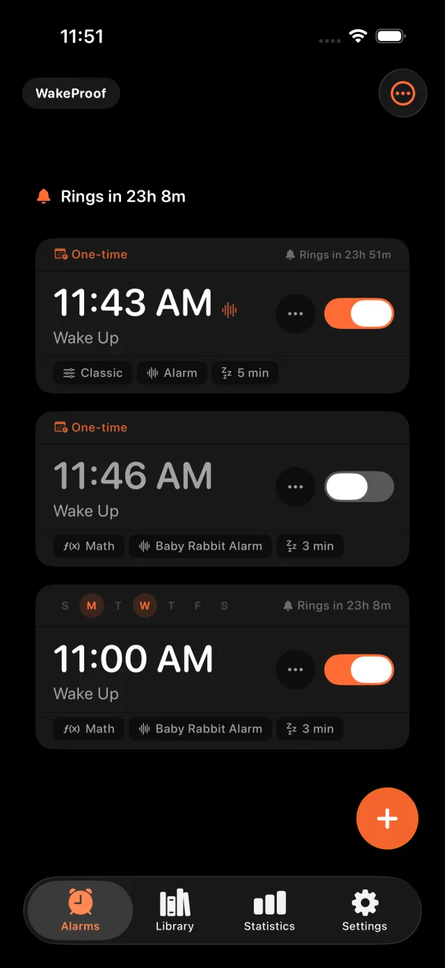 Alarm list showing upcoming alarms with challenge and sound tags