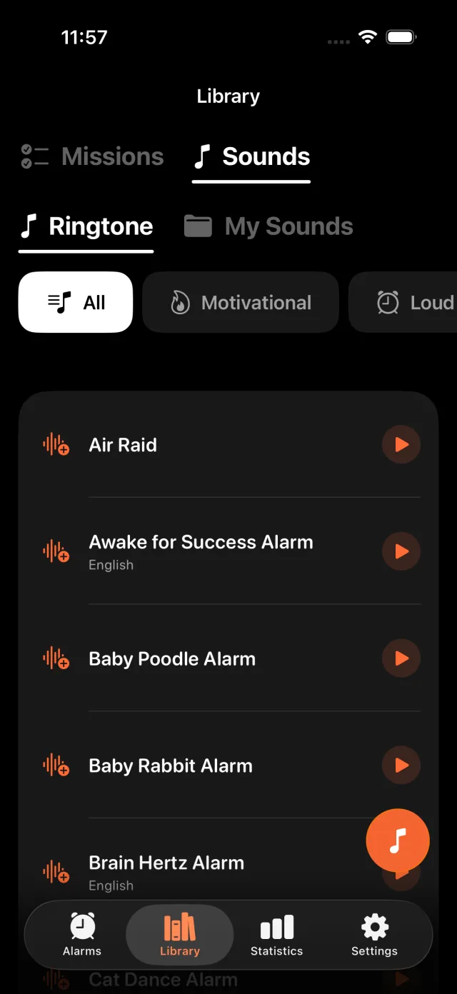 Sound library with a searchable list of alarm ringtones