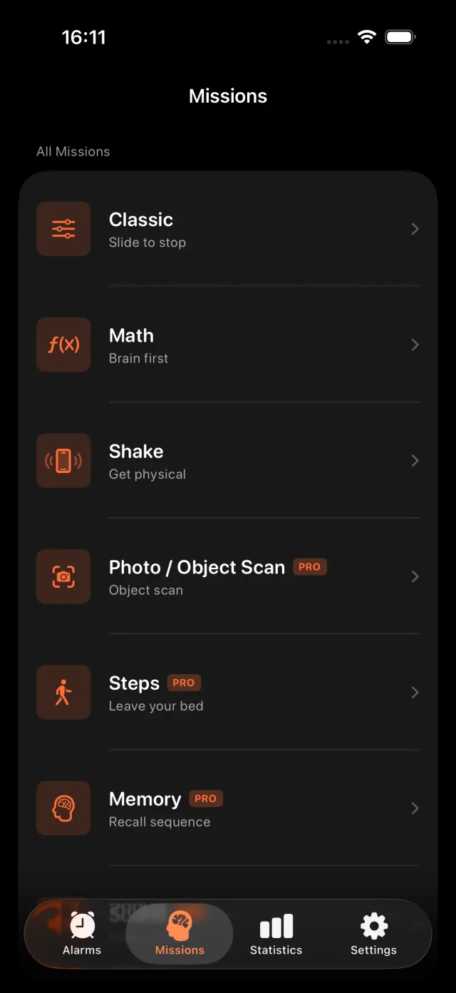 Missions library listing Classic, Math, Shake, Photo/Object Scan, Steps, and Memory challenges
