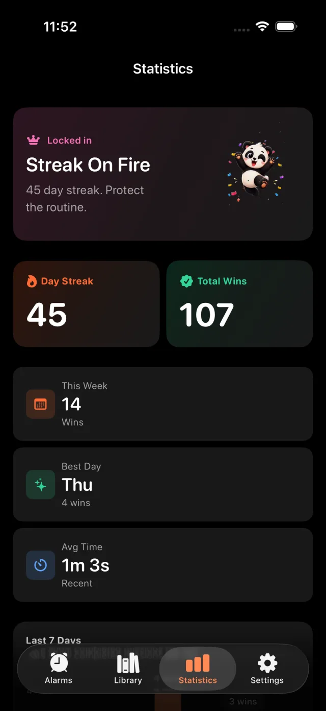 Statistics screen showing a 45-day streak and 107 total wins