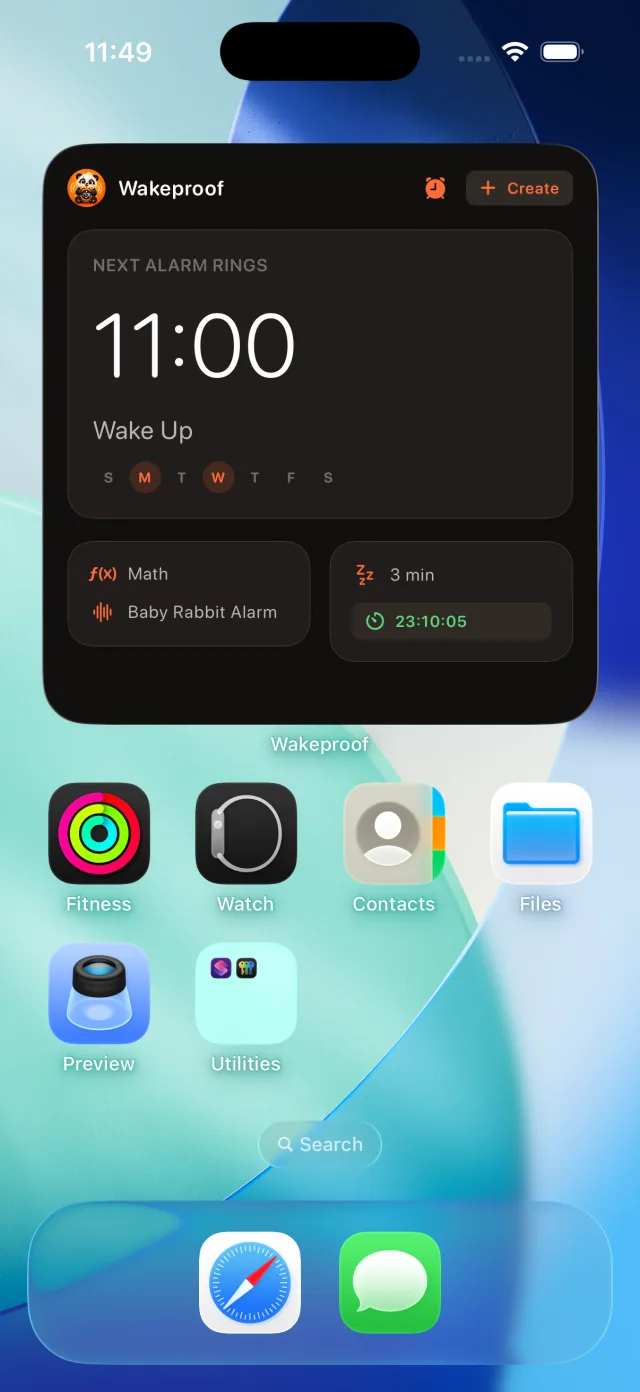Large home screen widget showing the next alarm and its challenge