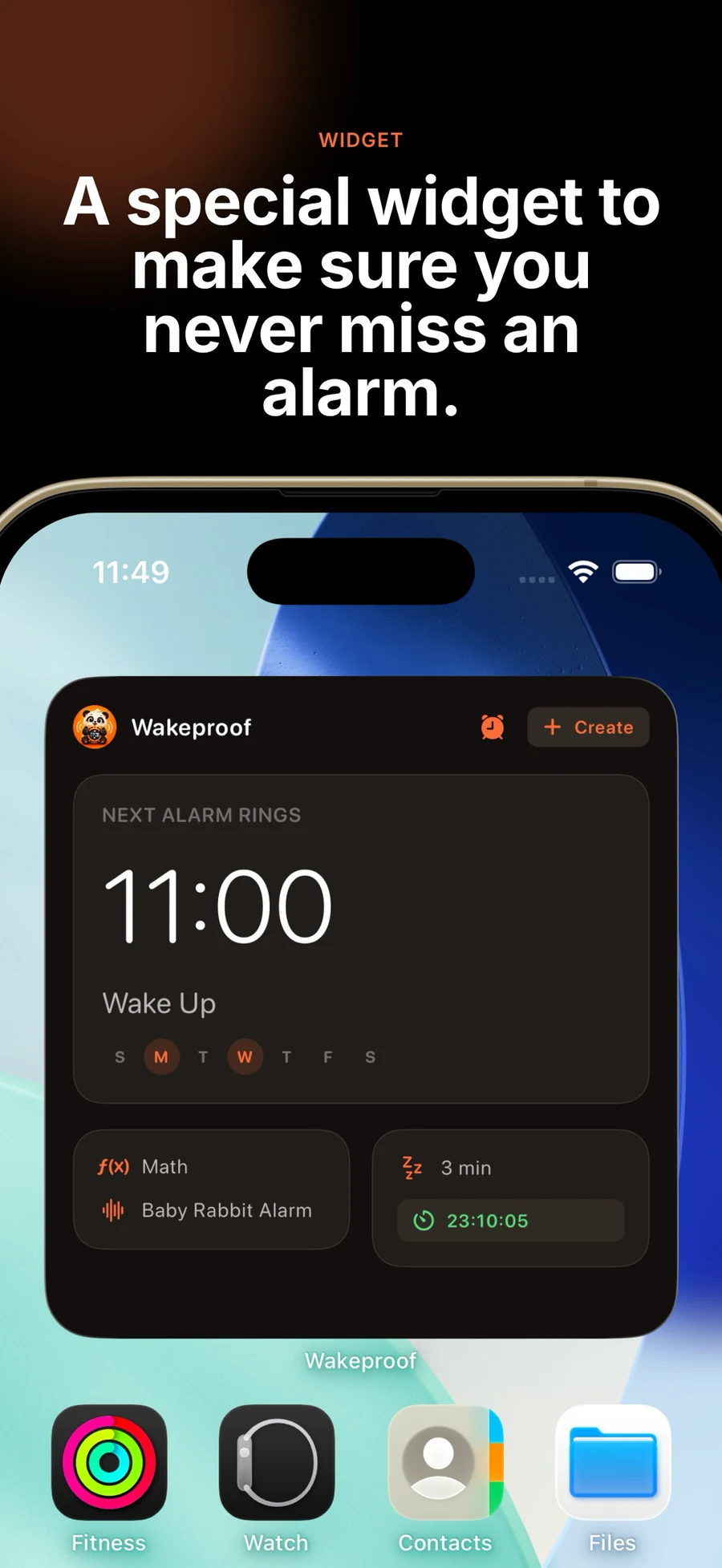 WakeProof home screen widget showing the next alarm and challenge